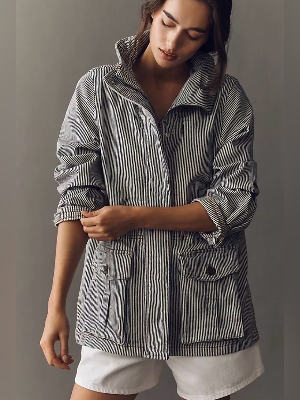 Anthropologie Maeve Striped Utility Jacket - Navy/White